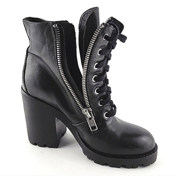 ASH Women's Poker Heeled Black Leather Chunky  Lace Up Dual Zipper Boots Size 37 - Picture 4 of 15